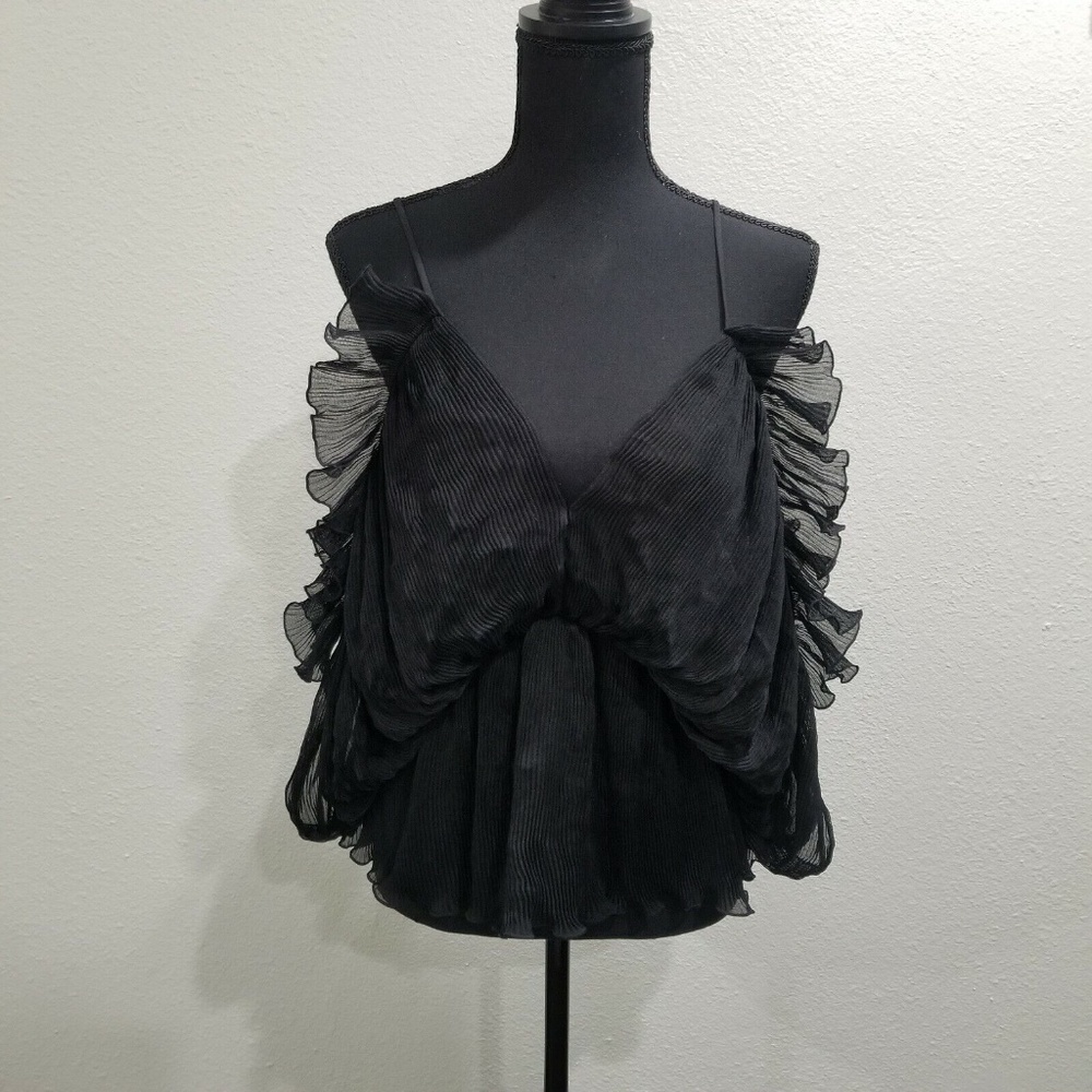 Alice McCall Black Ruffles Baby Doll Pleated Cold Shoulder Top Blouse 4